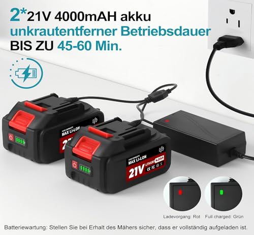 21 V Rasentrimmer mit Akku for Makita, 750W Freischneider, Teleskophöhe 100cm - 145cm Motorsense, 90° Trimmwinkel, 2 x 4,0Ah Akku, Bürstenlosmotor