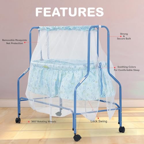 Image of BAYBEE Clora Baby Cradle and Swing with Mosquito Net (Enchant Lite Blue) | Jhula Palna for Newborns | 360 Rotating Lockable Wheels & Storage Basket
