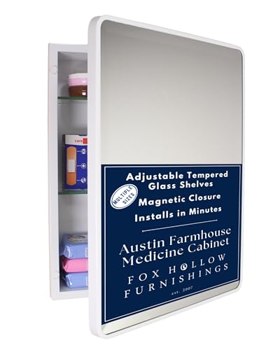 Image of 16x20 Austin Farmhouse Metal Framed Rounded Rectangle Recessed Bathroom Medicine Cabinet, Beveled Mirror, 14x18 in-Wall Opening, powder-coated Steel, Adjustable Glass Shelves, Magnet Close, White
