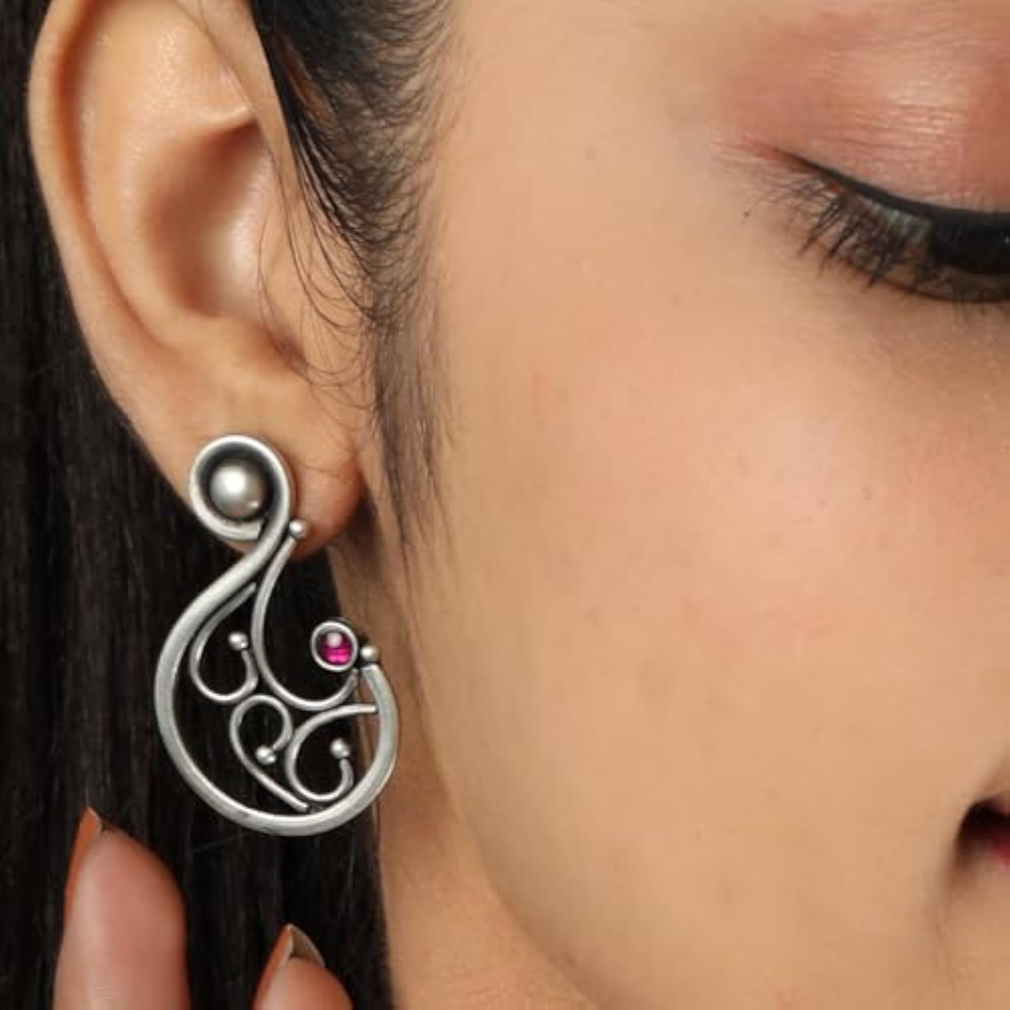 Women's 925 Silver Oxidised Swirl Earrings, Modern & Chic