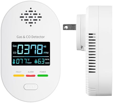 Carbon Monoxide Detectors,Plug in CO and Natural Gas Detector, Combination Gas & Carbon Monoxide Detectors for Travel with Temperature Humidity Display, 4 in 1 CO & Gas Detector for Home/Travel