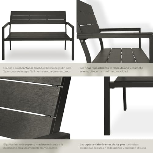tectake® Banco de Jardín Moderno para Dos Personas, Estructura de Aluminio Resistente, Banco Jardin, Asiento de Poliestireno Efecto Madera, Ideal para Patio y Terraza Exterior - Oscuro - imagen 7