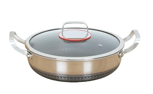316L Stainless Steel Double-Sided Honeycomb Crystal Pattern Frying pan, Glass lid Flat Bottom with Double-Eared Handles, Non-Stick pan, Suitable for Gas stoves and Induction cookers. (Model 32)
