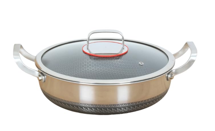 Padella antiaderente in acciaio inox 316L con coperchio in vetro, manici a doppio orecchio, motivo a nido d'ape con fondo piatto, ideale per piani cottura a gas e a induzione, modello 28