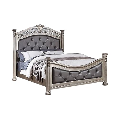 Benjara Jax Traditional King Size Bed, Tufted Upholstered Headboard, Champagne Silver