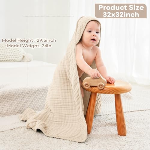 Image of Baby Bath Towels, 100% Muslin Cotton Hooded Baby Towels for Newborn, Baby Towels with Hood for Infant Toddler and Kids, Large 32x32Inch, Soft and Absorbent