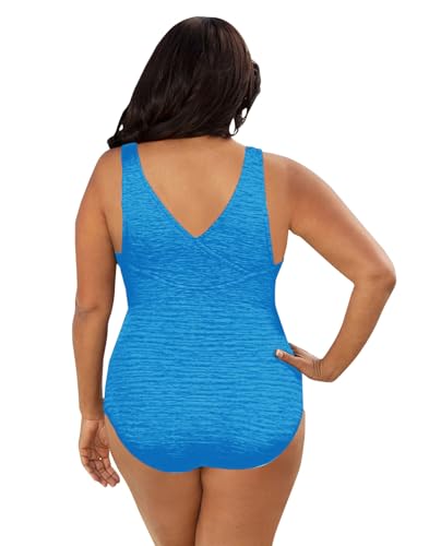 Penbrooke Chlorine Resistant Krinkle Textured Solid Cross Back Plus Size One Piece - 22 - Krinkle Sea2