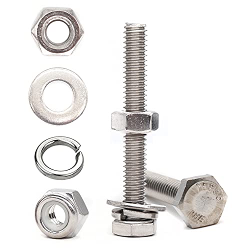 50pcs(10 Sets) 1/4-20 x 1-1/2" Hexagon Bolts, Nylon Inserted Lock Nuts,Hex Nuts, Spring Washers, Flat Washers,A2-70/18-8/304 Stainless Steel, Plain Finish, Full Thread