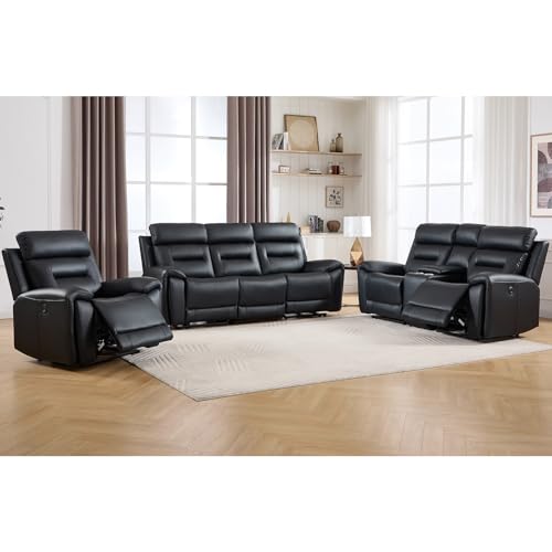 Image of ANJ 3-Piece Power Recliner Sofa Set with Charging Ports, Include Single Recliner Chair, 2-Seater Loveseat with Hidden Storage & Cup Holders and 3-Seater Reclining Couch for Living Room, Black