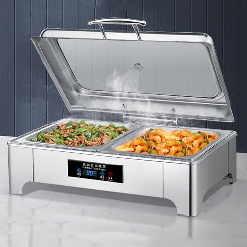 Juego de platos eléctricos con control de temperatura ajustable y tapa visible para calentar alimentos en buffet