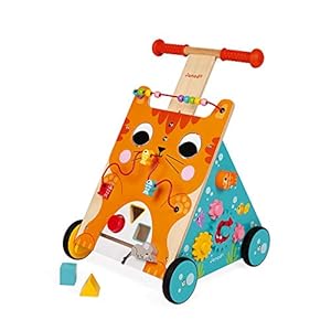 Janod Wooden Activity Baby Walker Cat – Push Along Toy with Brake and Height Adjustable Handle – First Steps, Learning to Walk – From 12 Months Old, J08005
