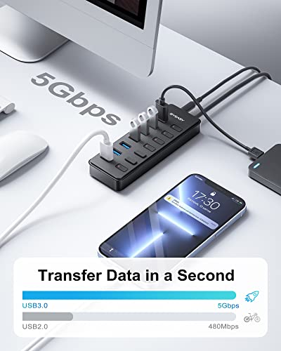 BYEASY-7-in-1-Multiport-USB-Hub-with-BC12-Smart-Charging-Port-Powered-USB-30-Hub-with-5V3A-Power-AdapterUSB-Data-Splitter-with-Individual-Indicator-for-Notebook-Laptop-Tablet-USB-Flash-Drives-PC