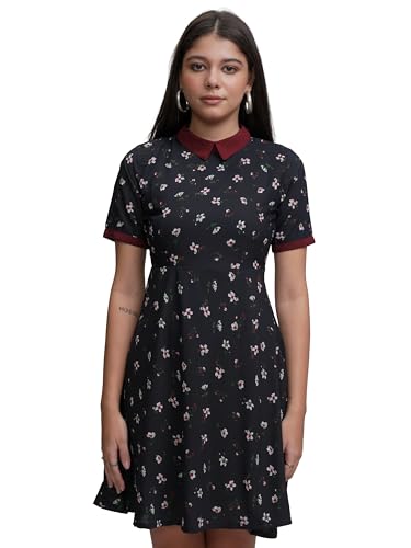 Image of Tokyo Talkies Women's Playful Floral A-Line Dress | Short Sleeves | High Neckline | Fun & Feminine Touch | Short Dress