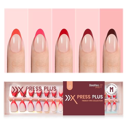 Beetles X Press Red French Tip Nails - Fierce French | 5 Colors Valentines Press On Nails Medium Almond | 16 Sizes 160 Pcs Natural Salon Quality