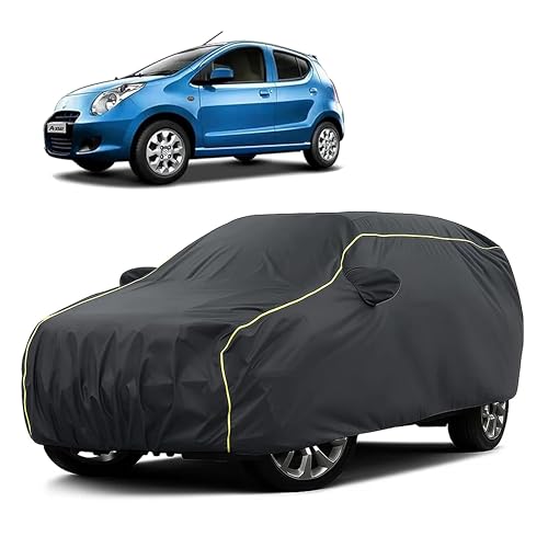 Image of Sulfar 100% Water Resistant Car Body Cover Compatible with Mirror for Maruti Suzuki A-Star (Triple Stitched, Full Bottom Elastic, Dark Grey Taffeta with Yellow Piping)