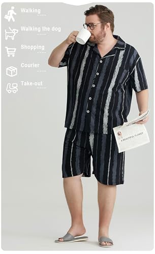 Mens Pajama Set 100 Percent Cotton Button Down Plus Size 2PCS Short Sleeve Shorts pjs Set with Pockets 3XL 4XL 5XL3