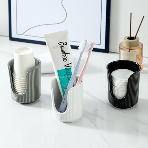 Ceramic Bathroom Cup Dispenser with Stylish Vertical Stripes - Disposable Mouthwash Cup Holder Holds 3-4oz Paper Cups for Rinsing Cups on Bathroom Vanity Countertops (Black-Black-2 Pack)