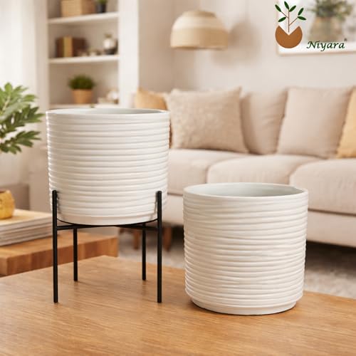 Image of Niyara Modern Textured Stripe Ceramic Planter Pot, Elegant Off White Decorative Plant Holder (Set of 2)