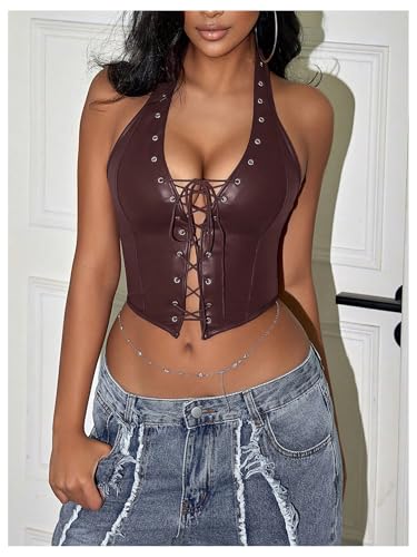 Image of WDIRARA Women's Punk PU Leather Halter Top Grommet Eyelet Tie Front Corset Crop Top