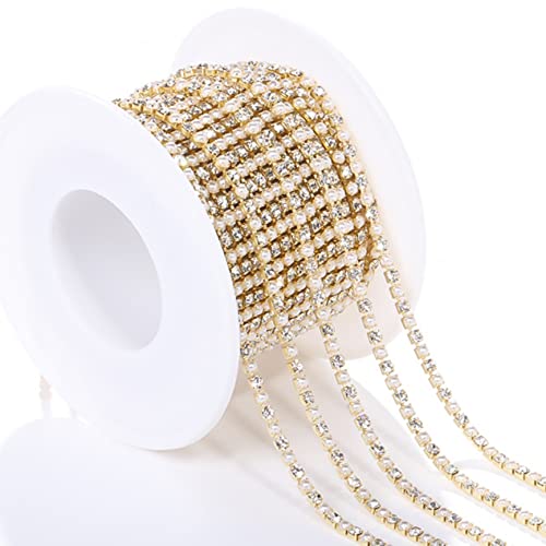 Chaîne de 9,1 m de long avec strass en cristal, perles synthétiques de 2 mm avec strass pour la fabrication de bijoux, voile, gâteau, couture artisanale (doré) Cover