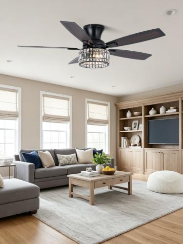 Image of 52 Inch Flush Mount Crystal Ceiling Fan with Lights and Remote | Farmhouse Fandelier Ceiling Fan Rustic Chandelier for Bedroom Living Room, 5 Dual Blades 2 E26 Sockets Reversible 6 Speeds