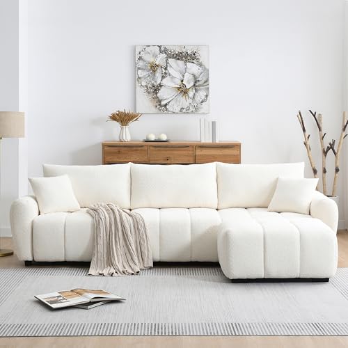 Spollowe Cream Boucle Modular Sectional Sofa 110" L-Shape with Ottoman, 4-Seater Large Living Room Couch, Pull-Line Design, High Density Foam, Movable Footrest for Modern Home