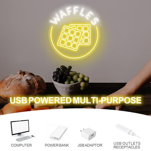 Image of Waffles Neon Sign Bakery Shop Dessert House LED Neon Light Coffee Shop Cafe Home Kitchen Wall Art Decoration Personalized Gift, Dining Decor,Kids Room Decor, Food Neon Lights