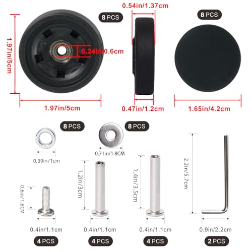 Luggage Wheels Replacement Kit 50mm x 12mm, Suitcase Replacement Wheels with Black Screws Axles Bearings, Repair Suitcase Caster Set for Trolley Bag Travel (8PCS)3