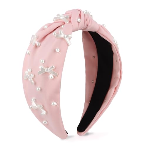 Uintoon Pink Headband Bow Pearl Knotted Headbands for Women Girls Cute Fashion Wide Headbands for Women Non Slip Hairbands Head Bands for Womens Hair Bow Hair Accessories