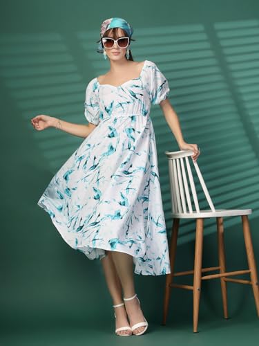 Image of OOMPH! Below Knee Shift Pink Dress in Crepe Fabric with Round Neck and Puff Sleeves - md619l