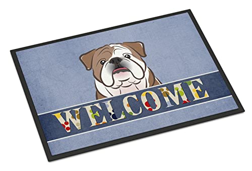 Caroline's Treasures BB1405JMAT English Bulldog Welcome Doormat 24x36, Blue Front Door Mat Indoor Outdoor Rugs for Entryway, Non Slip Washable Low Pile, 24H X 36W