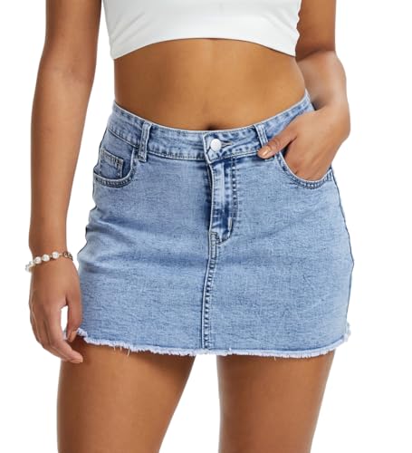 YOCUR Women Denim Skirt Casual Stretchy Middle Waisted Denim Skirt Tassel Hem Button Zipper Pocket Mini Jean Skirts