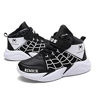 RIMICK Tênis infantil para meninos pequenos, moderno, leve, largo, tênis infantil, atlético, basquete, futebol, vôlei, corrida infantil, desenho animado, Cano alto preto, 2 Little Kid