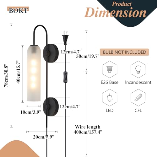 Image of BOKT Black Wall Lights Plug in for Bedroom, Frosted Milky White Glass Wall Sconce Decor, Large Modern Wall Sconces for Living Room