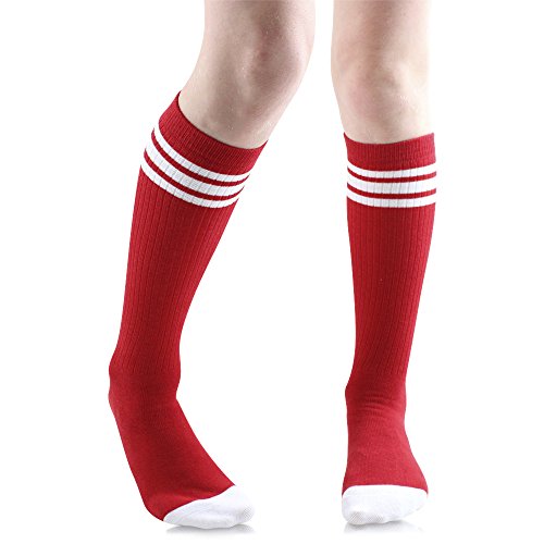 juDanzy Baby, Toddler & Kids Knee High Tube Socks For Boys & Girls With Grips (6-12 Months (Shoe Size 1C-3C), Red/White)