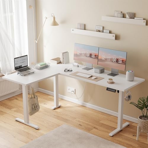 Image of Agilestic L Shaped Standing Desk 63 inch Adjustable Height, Electric Corner Standing Desk, Sit Stand Computer Table with Splice Board, White