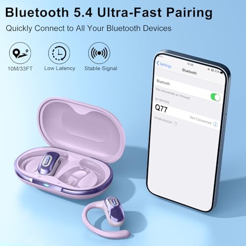 Image of Open Ear Headphones, Bluetooth 5.4 Earbuds, 50H, Air Conduction Ear buds, HD Stereo Bass Over Ear Earphones with Earhooks, Ultra-Comfort Secure, IPX7 Waterproof Headset for Working Sports, Purple