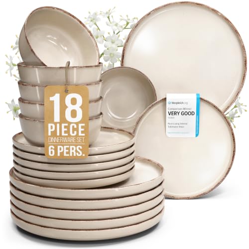 Image of 18 Piece Stoneware Dinnerware Set for 6, Handmade Plates and Bowls Set | Reactive Glaze Coating, Dishwasher & Microwave Safe Dish Set, Chip & Scratch Resistant Dishware Set, Rustic Beige
