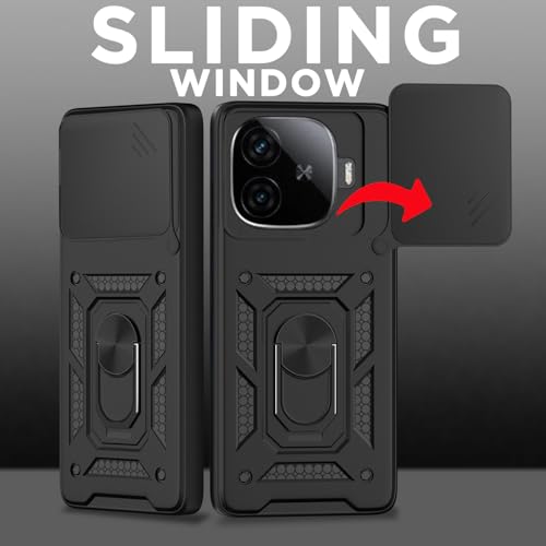 Image of Pikkme Back Cover for iQOO Neo 10R 5G / iQOO Z9 Turbo 5G / Vivo Y200 GT 5G | Sliding Camera Shield with Ring Stand | D10 Full Camera Protection Bumper Case (Black)