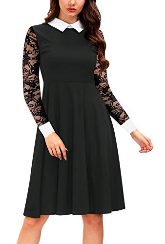 Lace Sleeve Dresses Women Wednesday Addams Dress Pater Pan Collar Fit and Flare Skater Cocktail Dresses M