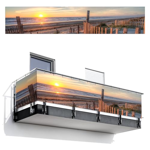 MuchoWow© Balkon Sichtschutz Einseitig 100x500 cm Groß PVC Kunststoff Garten Windschutz ohne Bohren Wetterfest Sichtschutzzaun Terrasse Balkonverkleidung Deko Strand - Sonnenuntergang - Dünen