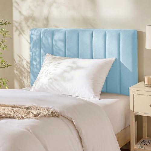 Image of Hearth & Harbor Wall Mounted Twin Headboard Only, Bed Headboard Twin Size | Easy Assemble, Floating Peel and Stick, Upholstered, Channel Stitched, 3D Wall Panels, 5 Strips of 3M Tape Included, Ice Blue