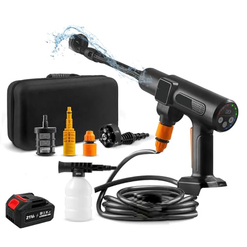 3500 W Limpiador de alta presión inalámbrico, pistola limpiadora de alta presión en la batería, Max 200 bar, con 2 pilas de 15000 mAh, 5 m, 6 en 1, boquilla giratoria para coche, casa, jardín, patio