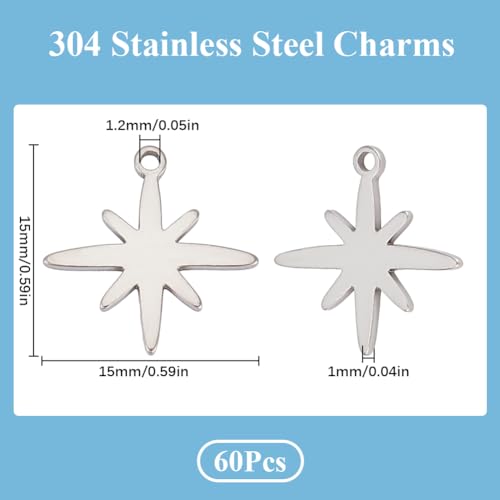 SUNNYCLUE 1 Box 60Pcs 304 Stainless Steel Star Charms Bulk 8 Point Star Charm Silver Mini Small Stars Lukcy Charm for jewellery Making Charms Crafting Supplies DIY Necklace Bracelet Beginner Adult - Image 2