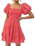 ZESICA Women's 2024 Boho Summer Square Neck Puff Sleeve Off Shoulder Smocked Tiered Casual A Line Short Mini Dress,Watermelon,X-Large