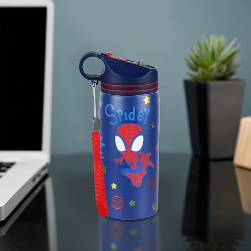 Image of Marvel Avengers Superhero Spiderman Stainless Steel SIngle Wall Sipper Water Bottle For Unisex Kids School And Travelling | 500 Ml | BLUE | AZ2060 (Spidy Ghost)