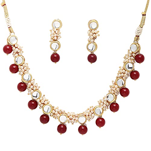Karatcart Gold-Plated Red Beads and Pearl Ball Studded Handcrafted Kundan Choker Necklace Set