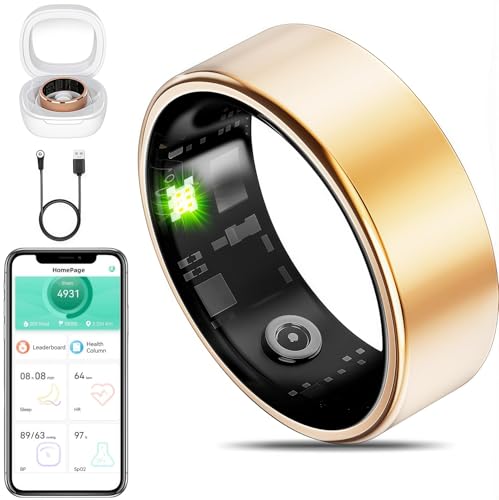 MZJ Smart Ring Fitness Tracker for iOS & Android – Sleep Monitor Heart Rate Blood Oxygen & Pressure 8 Sports Modes IP68 Waterproof NO Subscription Long Battery Life (Champagne Gold, 13#) by MZJ - Used condition - US$17.19