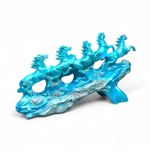 Image of 7 Running Horses | Vastu, Feng Shui Statue for Good Luck Wealth Health Happiness White Horses with Golden Touch | Home Decor Gift for Home, Office, Resin (L-17, H-10 Inch) (Sky Blue)