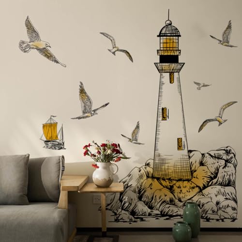 Runtoo Leuchtturm-Wandaufkleber, nautische Möwe, Wandsticker für Wohnzimmer, Kinderzimmer, Kinderzimmer, Dekoration